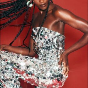 Lulu's Silver  Dazzling Ways Strapless Sequin Jumpsuit